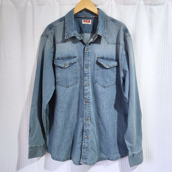 Wrangler Shirt Men's Size 2XL Long Sleeve Pearl Snap Button Up Cotton Blue Denim - Picture 1 of 10